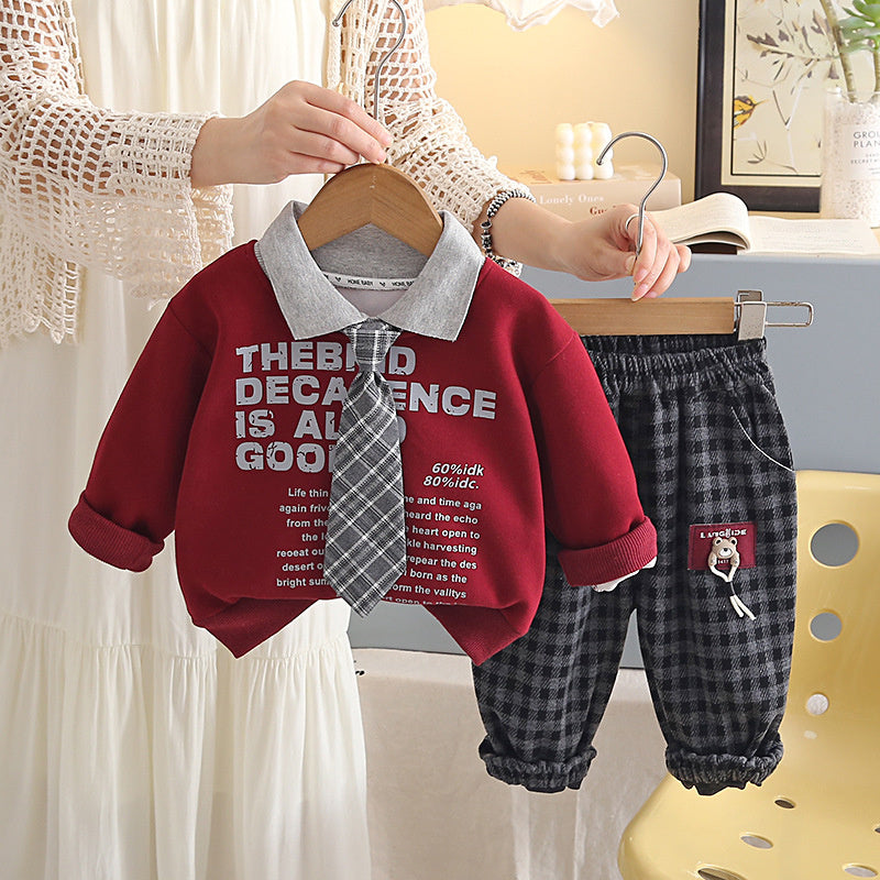Boys' Outfit 2026 New Children's Two-Piece Set with Letter Print on Chest Tie, Baby's Spring and Autumn Casual Clothes