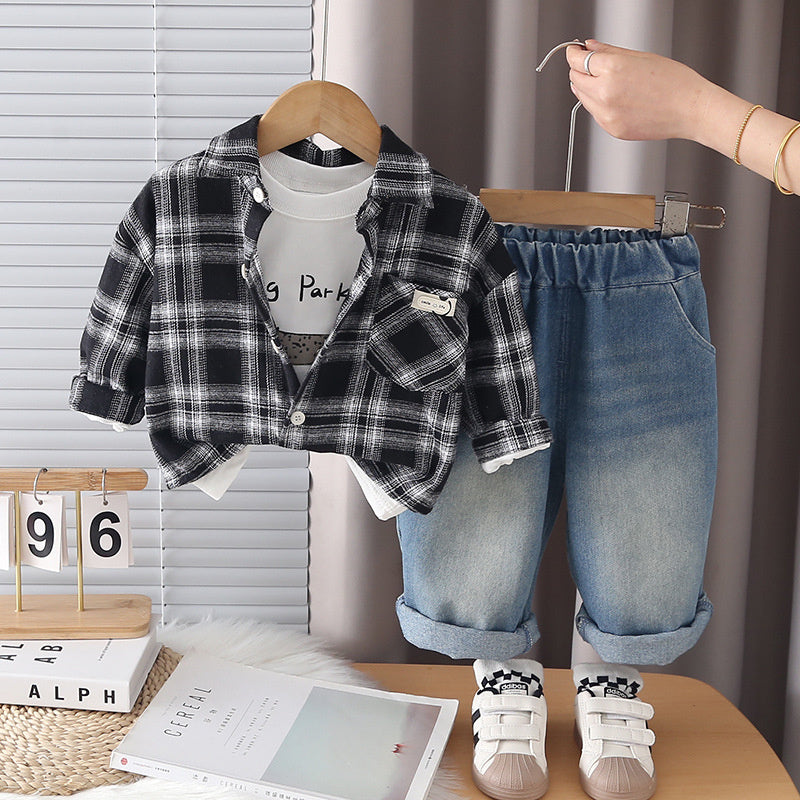 Boys' stylish casual outfit with pocket label shirt three-piece set, Korean-style children's clothing, baby spring and autumn long-sleeve