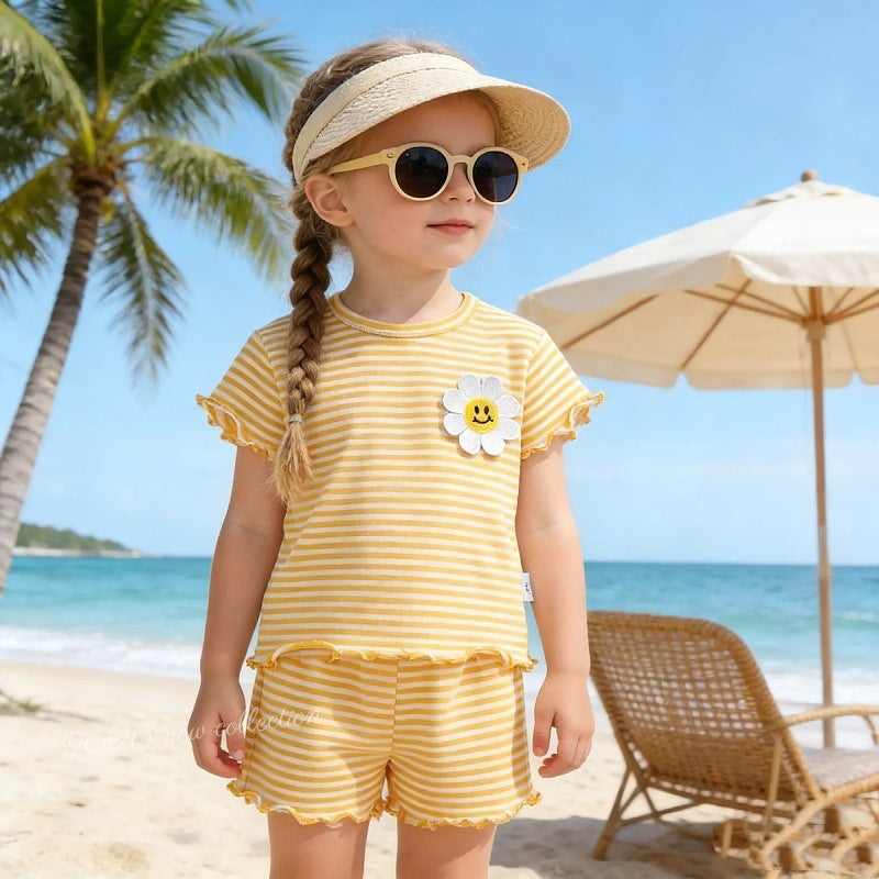 2026 Baby Thin Soft Striped Short Sleeve T-shirt and Elastic Waist Shorts Set Children's Summer Two-Piece Outfit