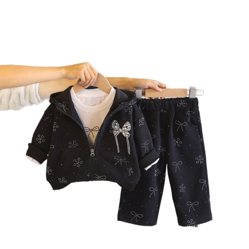 Outfit 2026 New Style Infant Girls' Spring and Autumn Fashionable Long-Sleeve Three-Piece Set with Rhinestones