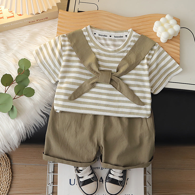 Boys' Outfit 2026 New Fashionable Toddler Summer Round Neck Striped Shawl Short Sleeve Thin Clothing