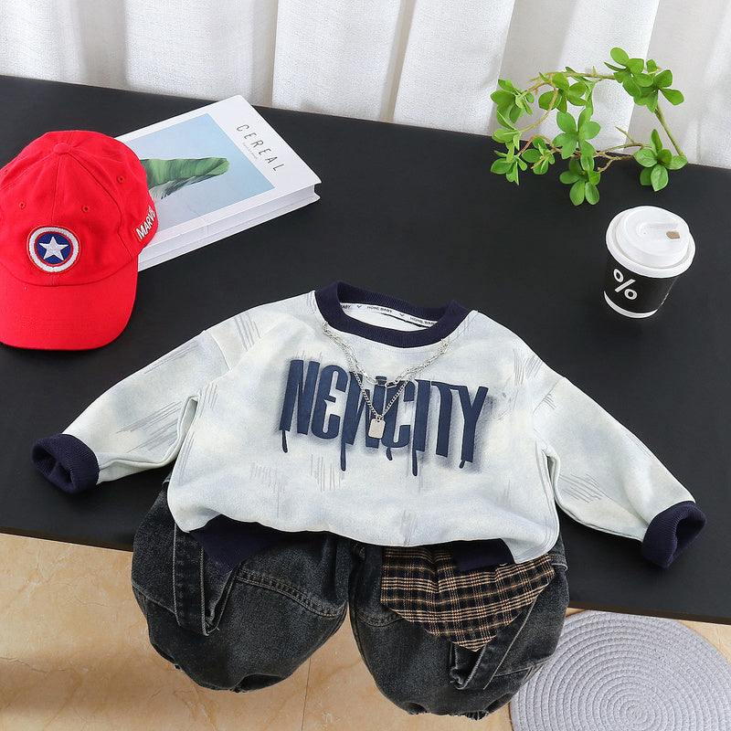 Boys' Outfit New 2026 Baby Tie-Dye Letter Sweatshirt Two-Piece Set Long Sleeve Spring and Autumn Fashion