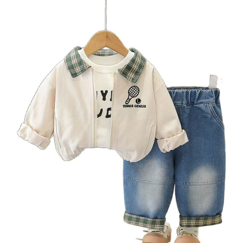 Boys' children's clothing spring autumn outfit 2026 new stylish casual toddler three-piece set with turn-down collar and long sleeves