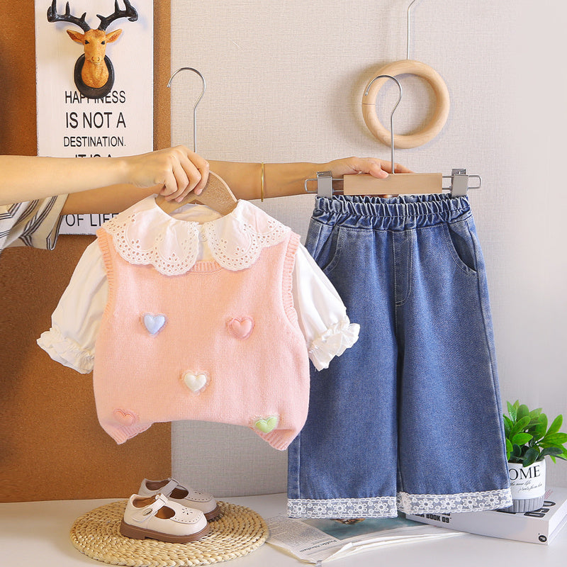 Girls' Outfit Spring and Autumn 2026 New Fashionable Colorful Heart Sweater 3-Piece Set for 1-5 Year Olds