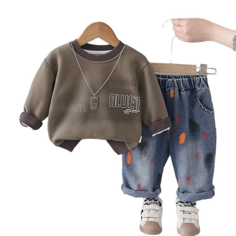 Boys' Spring and 2026 New Korean Version English Sweatshirt Two-Piece Set for Children, Baby Autumn Casual Long Sleeve Trendy Outfit