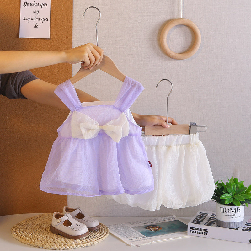 2026 Girls' Strap Dress with Big Bow and Tulle Skirt Set, Korean Style Casual Cute Summer Outfit, New Two-Piece Trendy Set