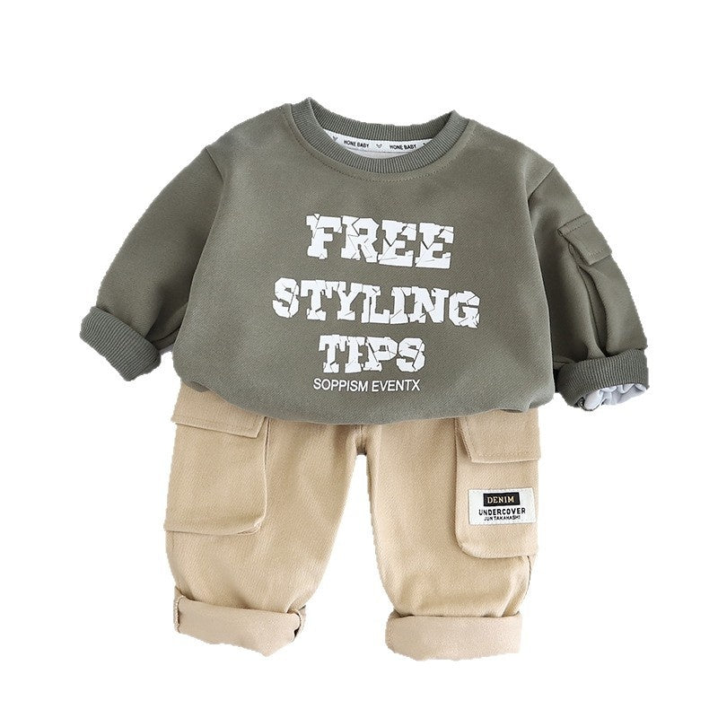 Boys' Suit 2026 New Model Children's Spring and Autumn Letter Sweatshirt Stylish Fashionable Baby Clothes Workwear Two-Piece Set