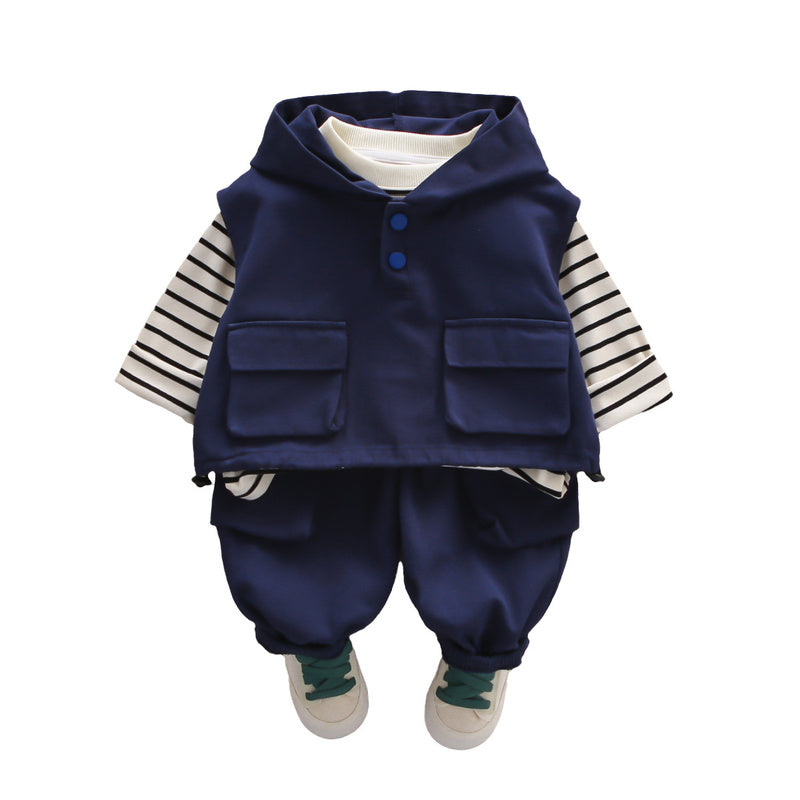 Children's Spring and Autumn 2025 New Stylish Boys' 0-5 Years Old Hooded Striped Workwear Vest Three-Piece Set