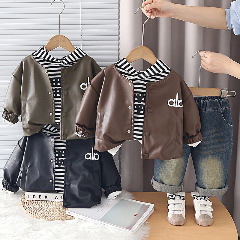 Children's Autumn Leather Jacket Three-Piece Set 2026 Spring New Style Boys and Girls Baby Hooded Sweatshirt Trendy Cool Outfit