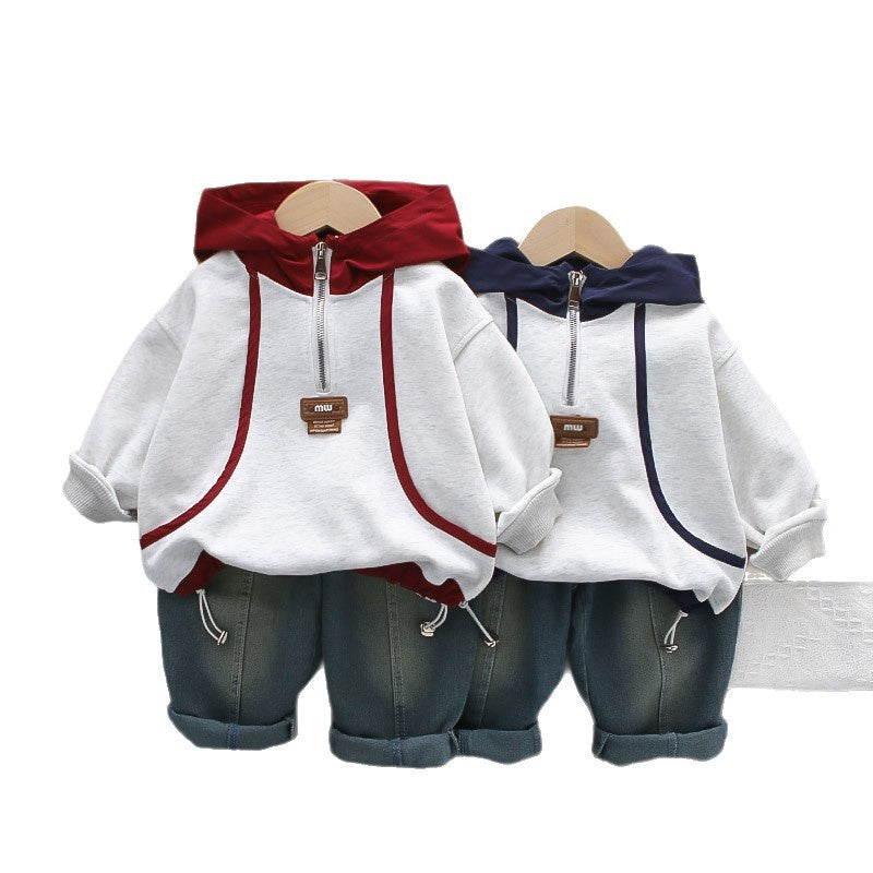 Boys' Outfit 2026 New Children's and Autumn Color-Block Sweatshirt Two-Piece Set Stylish Baby Spring Clothes