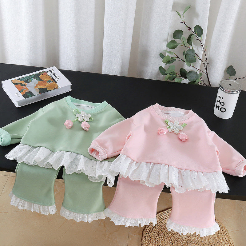 Girls' stylish hem lace sweatshirt spring and autumn set 2026 new children's fashion baby floral two-piece trendy outfit