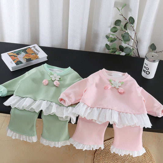 Girls' stylish hem lace sweatshirt spring and autumn set 2026 new children's fashion baby floral two-piece trendy outfit