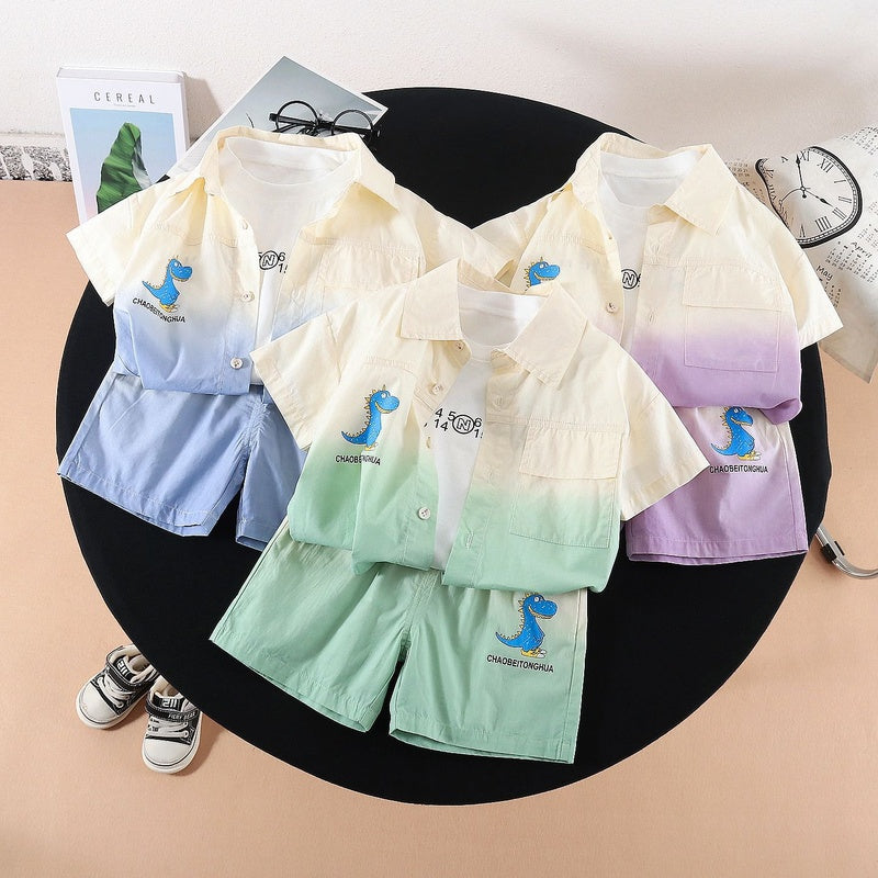 Boys' Outfit 2026 New Model Children's Summer Casual Gradient Dinosaur Short Sleeve Three-Piece Set for Boys Trendy