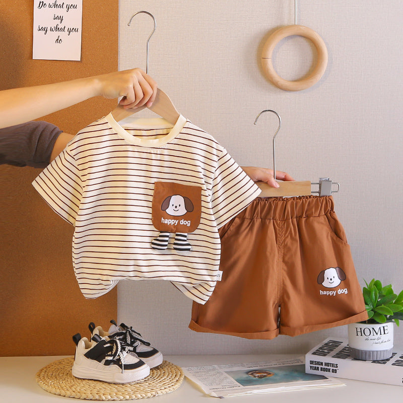 Boys' Outfit 2026 New Fashionable Striped Puppy Two-Piece Set Baby Summer Short Sleeve Shorts Infant Toddler