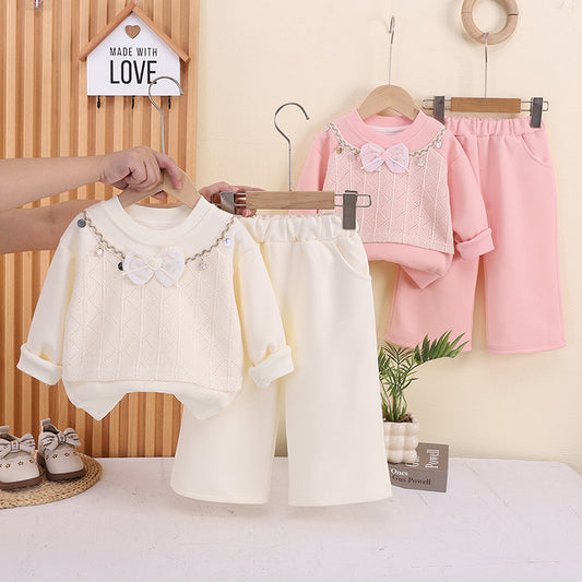 Girls' Spring Autumn Outfit 2026 New Fashionable Infant Clothing for Baby Girls, Faux Vest and Sweatshirt Two-Piece Set Trendy