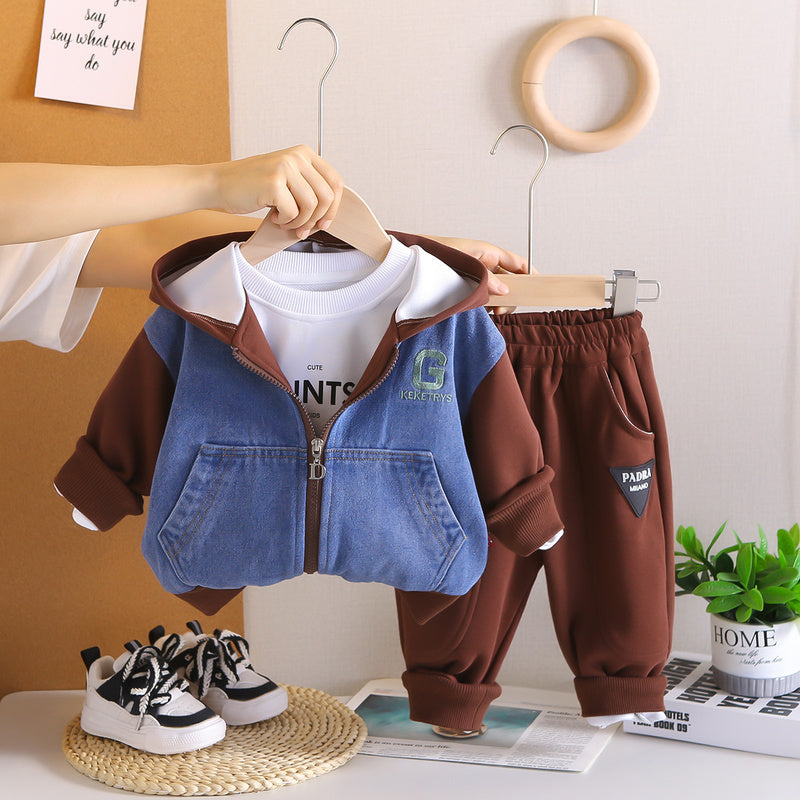 Boys' 2025 New Korean Style Toddler Baby Spring and Autumn Patchwork Denim Hooded Sports Three-Piece Set