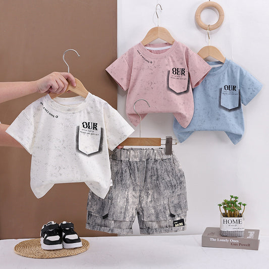 Boys' Pocket Short Sleeve Set 2026 New Style Toddler Casual Wear Baby Children's Summer Thin Infant Trendy Clothes