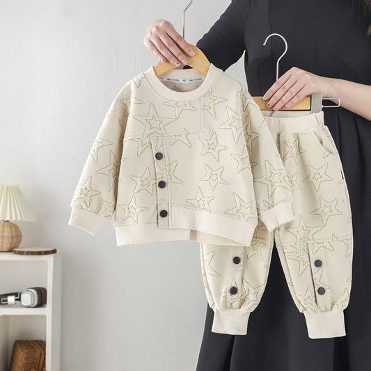 Boys' Outfit 2025 New Baby Children's Spring and Autumn Stylish Kids' Jacquard Round Neck Two-Piece Set