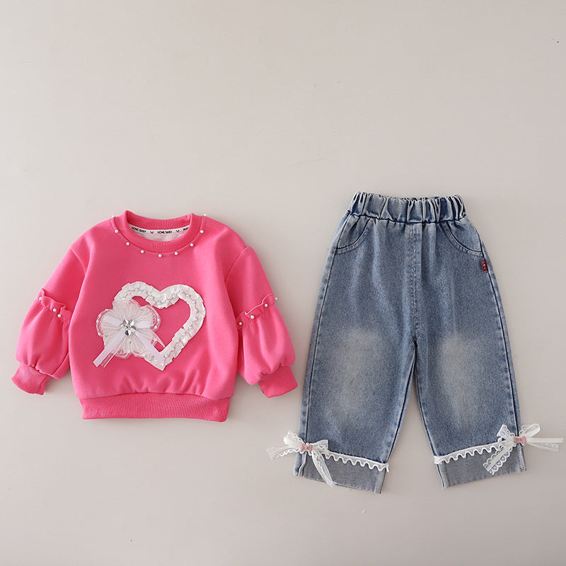 Girls' Outfit 2026 New Fashionable Baby Spring Autumn Heart-Shaped Lace Two-Piece Set for Infants and Girls