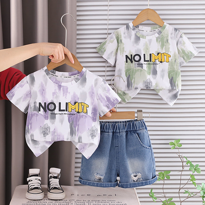 Boys' Stylish Denim Suit New Style for 1-3 Year Olds, Children's Summer Clothes, Short-Sleeved Two-Piece Set