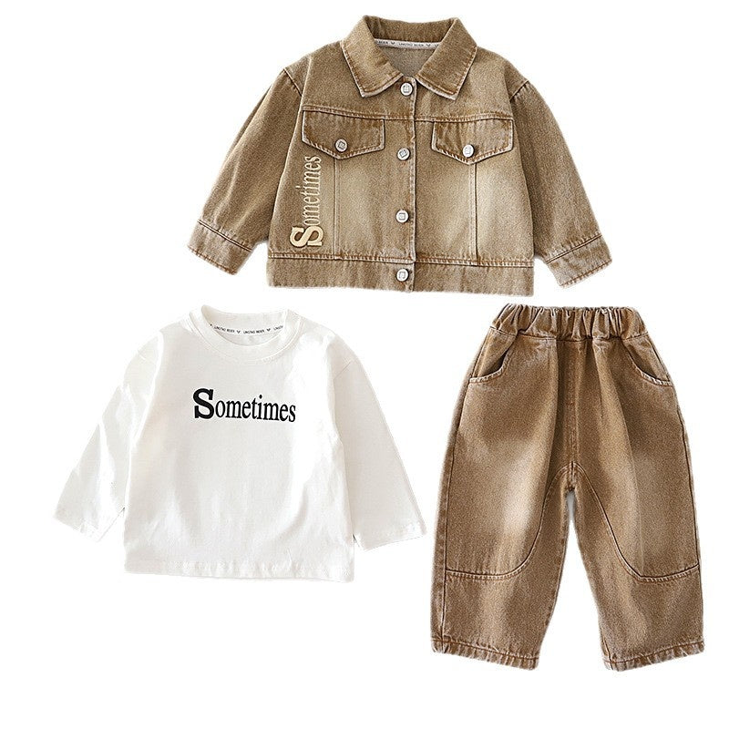 Boys' Outfit with Embroidered Letters, Stylish Baby Denim Spring Autumn Three-Piece Set, New Trendy Infant and Toddler Clothing