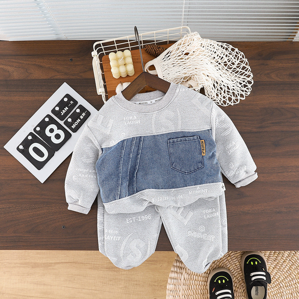 Baby Jacquard Letter Denim Patchwork Sweatshirt 2026 New Model Boys' Spring and Autumn Outfit Set Two-Piece Children's Clothing
