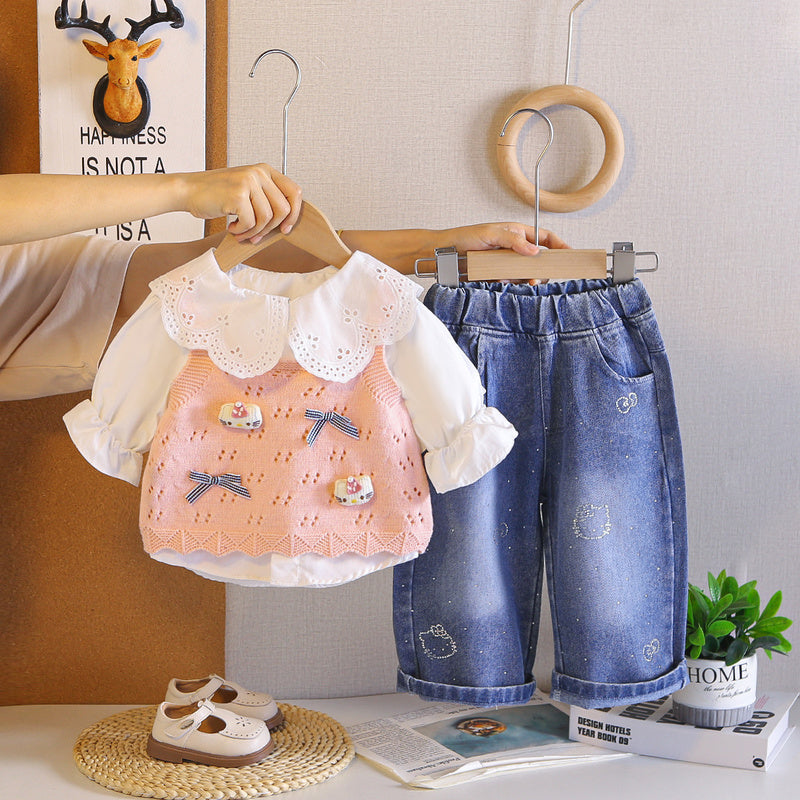Girls' Outfit 2026 New Style Children's Spring and Fashionable Sweater Three-Piece Set Baby Autumn Cartoon Vest