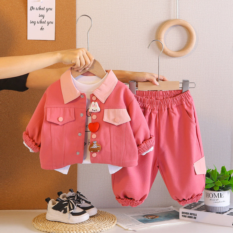 2026 New Spring Autumn Girls' Fashionable and Cute Workwear Jacket Long Sleeve Three-Piece Set for 0-5 Year Olds, Trendy from Manufacturer 3