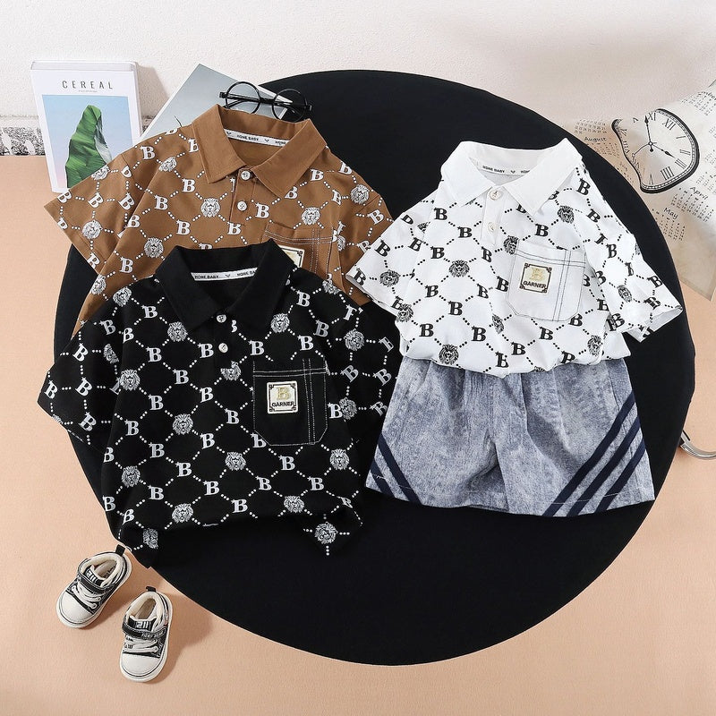 Boys' Outfit 2026 New Summer Fashionable Letter Polo Shirt Short Sleeve Shorts Two-Piece Set for Baby Boys