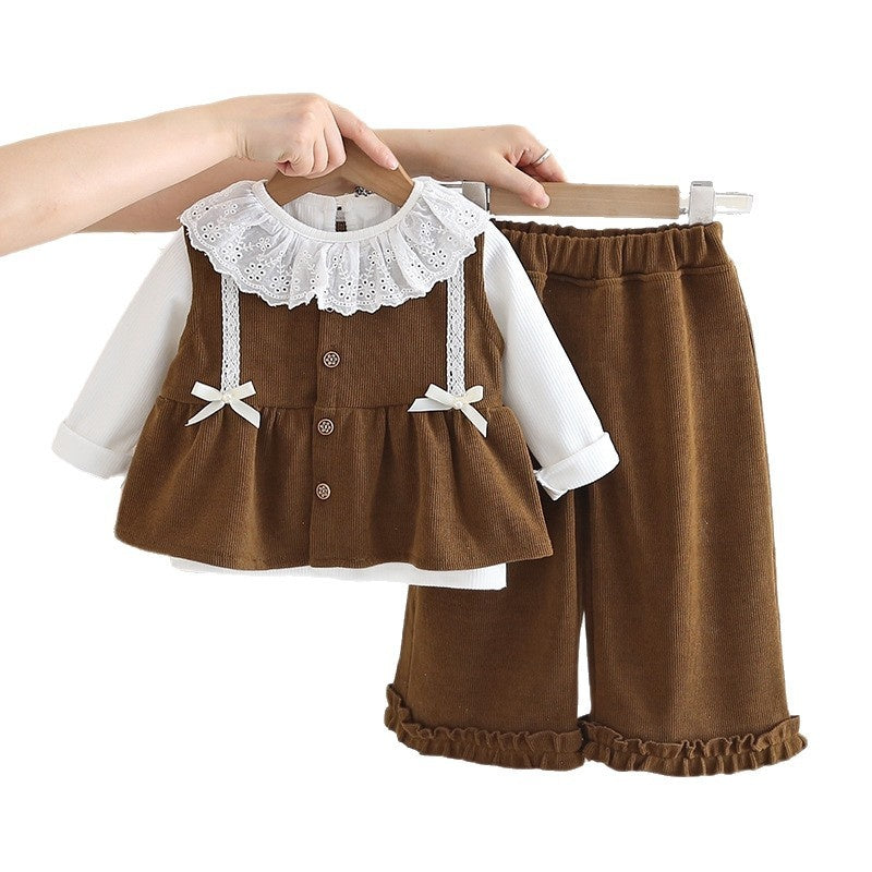Girls' Outfit 2025 New Casual Spring and Autumn Stylish Clothes Baby Bowknot Vest Three-Piece Set