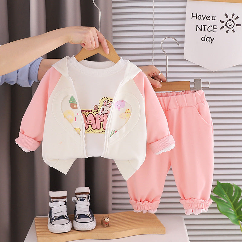 Girls' Outfit 2026 New Fashionable Children's Spring Autumn with Printed Hearts, Little Elephants, and Rabbits - Three-Piece Set