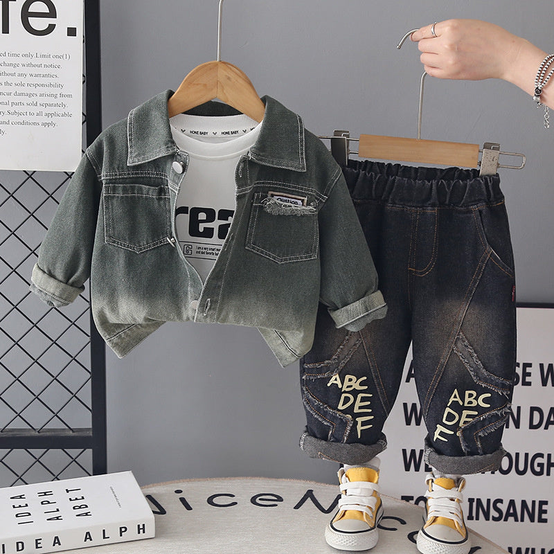 2026 Autumn New Boys' Denim Long-Sleeve Three-Piece Set, Baby Boy Casual Long Pants Spring/Autumn Outfit Wholesale