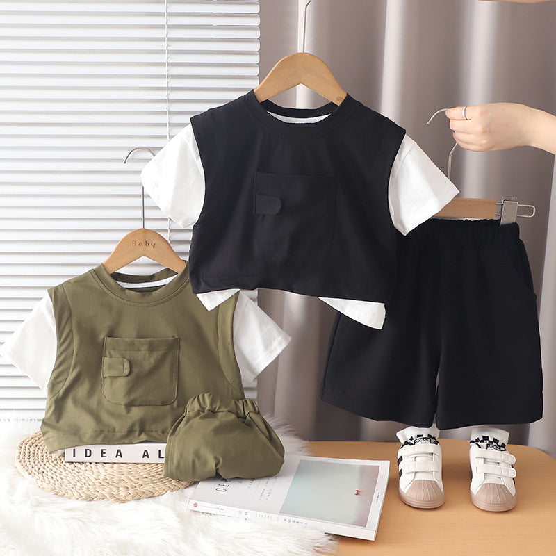 Boys' Summer Outfit 2026 New Fashionable Baby Toddler Single-Pocket Short-Sleeve Shorts Two-Piece Set Trendy