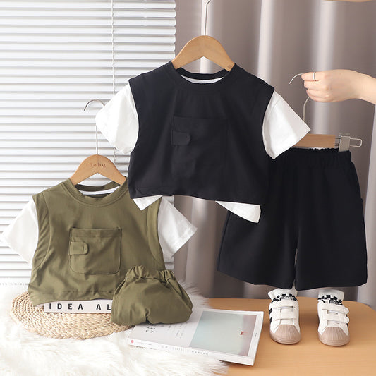 Boys' Summer Outfit 2026 New Fashionable Baby Toddler Single-Pocket Short-Sleeve Shorts Two-Piece Set Trendy