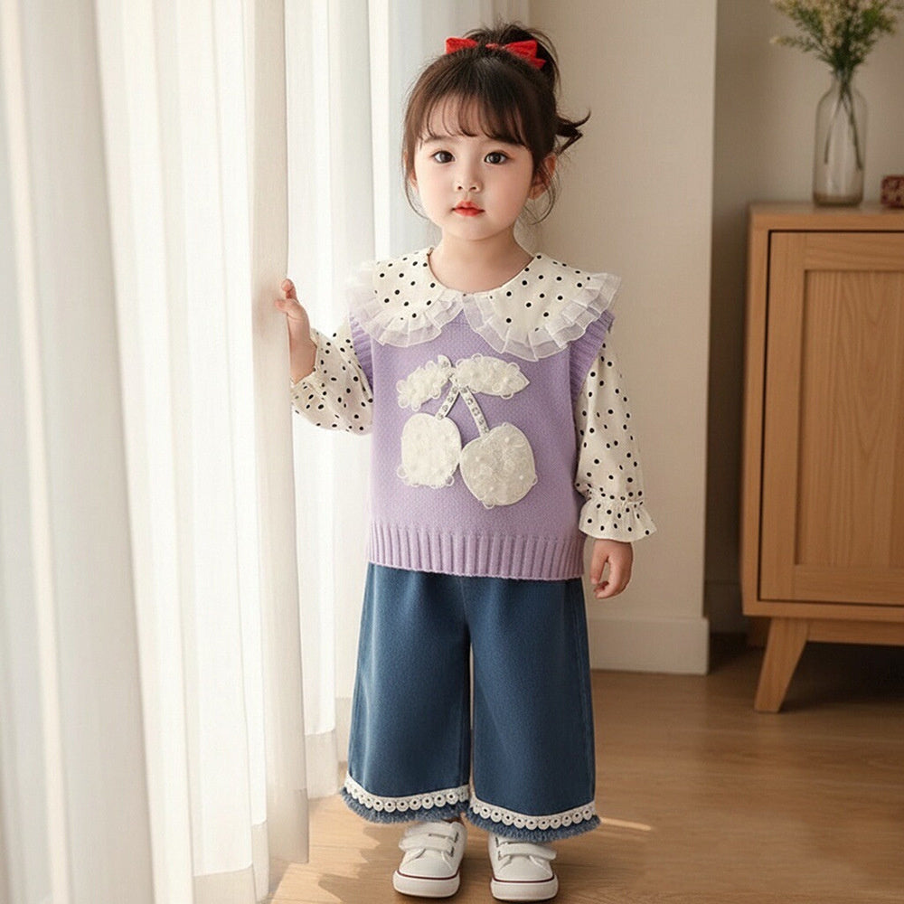 Girls' Outfit 2026 New Fashionable Children's Big Cherry Sweater Three-Piece Set Baby Spring and Autumn Clothes