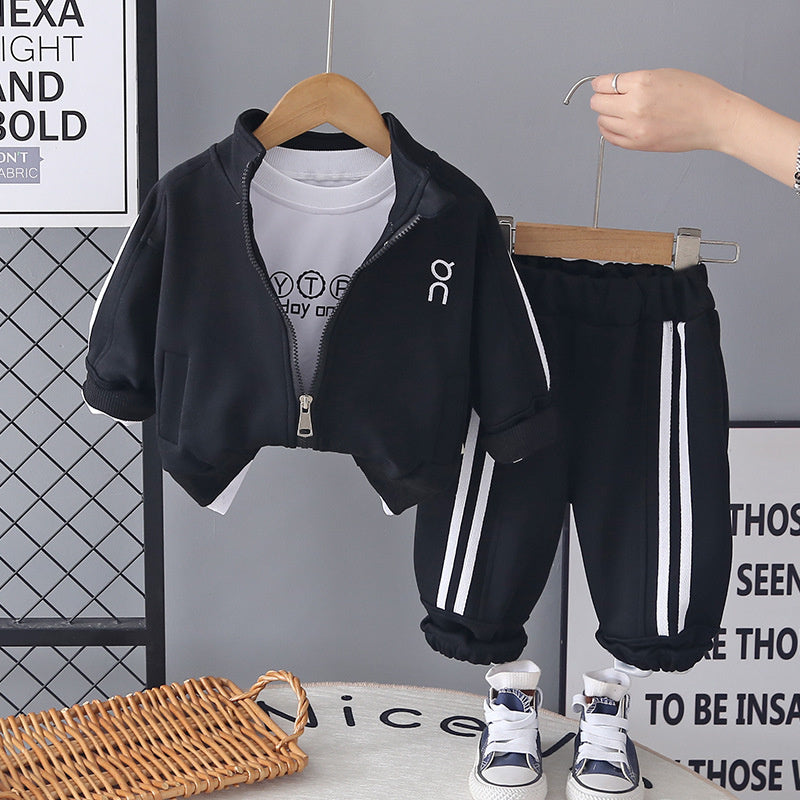 Boys' Summer Spring Outfit New 2026 Baby Clothing Stylish Solid Color Zipper Jacket Three-Piece Set Trendy Wholesale