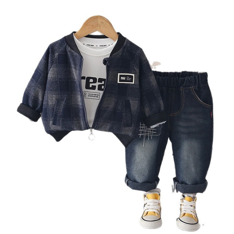 Boys' Outfit 2026 New Fashionable Baby Casual Stand Collar Plaid Jacket Children's Spring and Autumn Three-Piece Set