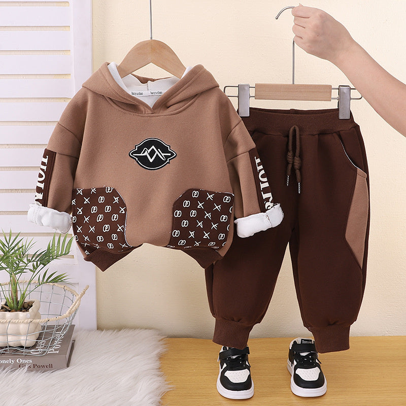 Boys' Autumn and Outfit 2026 New Korean Style Stylish Children's Winter Clothing Baby Fleece-Lined Color-Block Sweatshirt Two-Piece Set