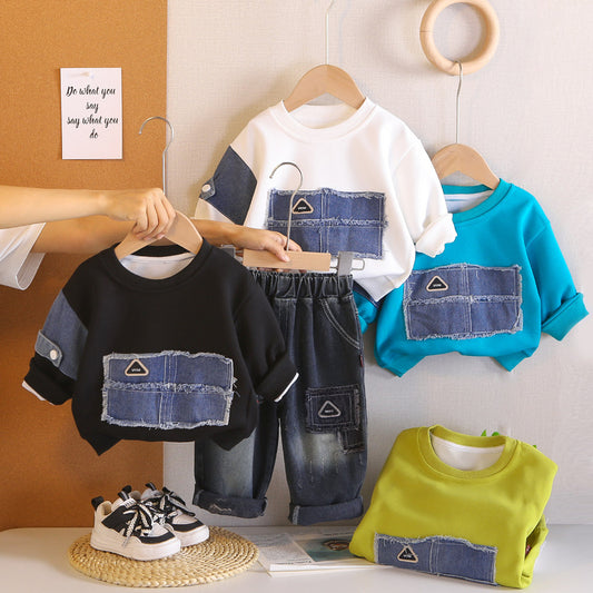 2026 Spring and Autumn New Style Boys' Korean Version Patchwork Denim Loose Sweatshirt with Spliced Sleeves, Two-Piece Set for Young Children