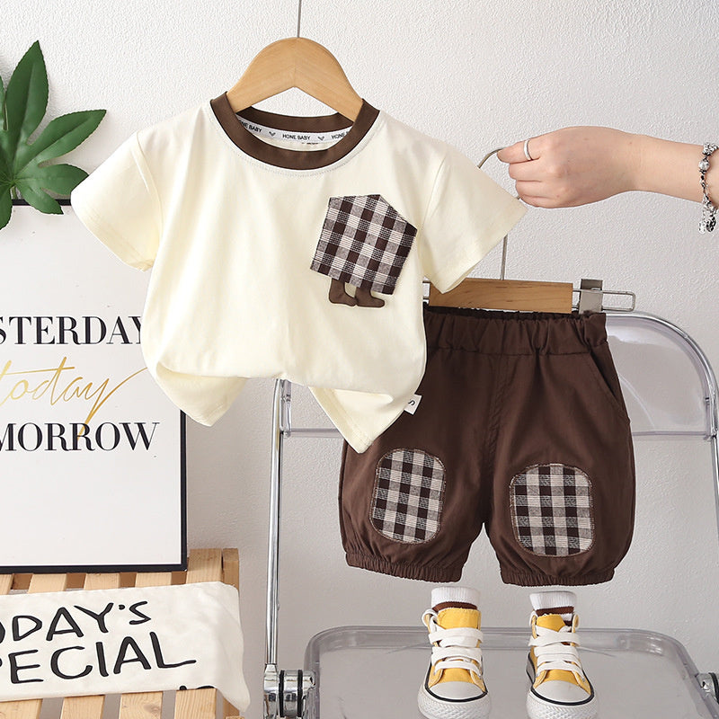 Baby Boy Outfit Stylish Children's Clothing for 1-3 Years Old, Summer Plaid Pocket Short Sleeve Two-Piece Set, Trendy