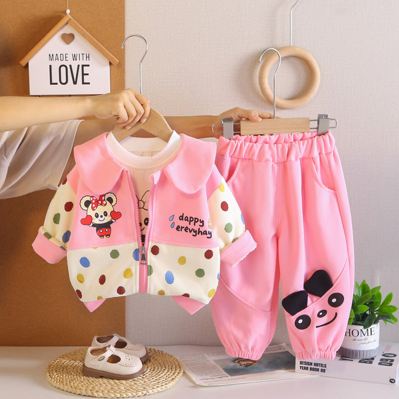 Girls' Stylish Colorful Polka Dot Outfit 2026 Spring/Autumn Collection, Turn-down Collar Cartoon Three-piece Set, Fashionable Baby Girl Clothes