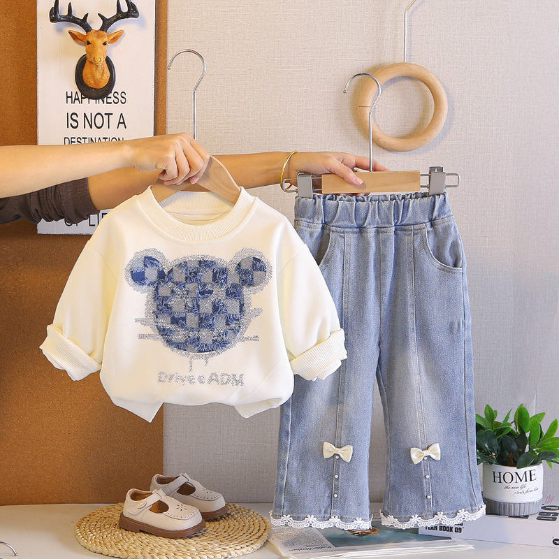 Girls' Outfit 2026 New Fashionable Baby Girl Spring and Autumn Plaid Bear Head Sweatshirt Two-Piece Set