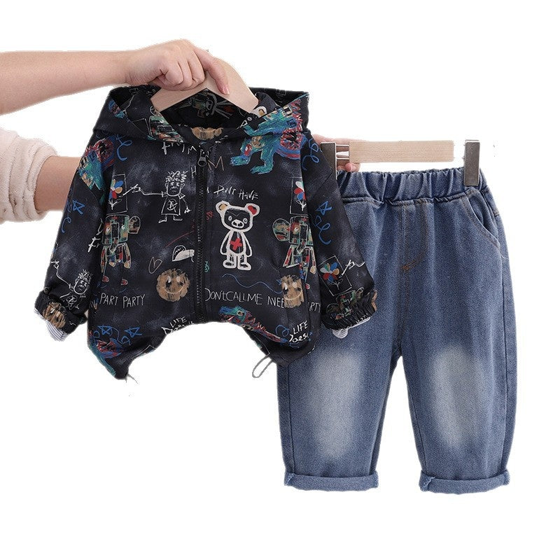 Children's clothing outfit new style baby boys' spring and autumn stylish graffiti bear jacket two-piece set