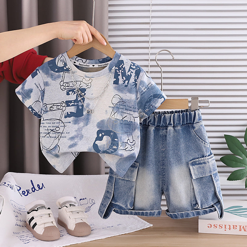 Outfit 2026 New Style Toddler Baby Summer Clothes Boys' Tie-Dye Big Bear Short Sleeve Two-Piece Set Trendy