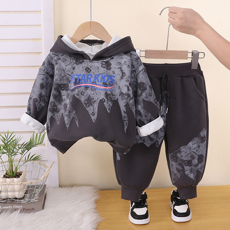 Boys' Autumn and Fleece-Lined 2026 New Fashionable Children's Outfit Boys, Winter Sweatshirt Two-Piece Set for Boys