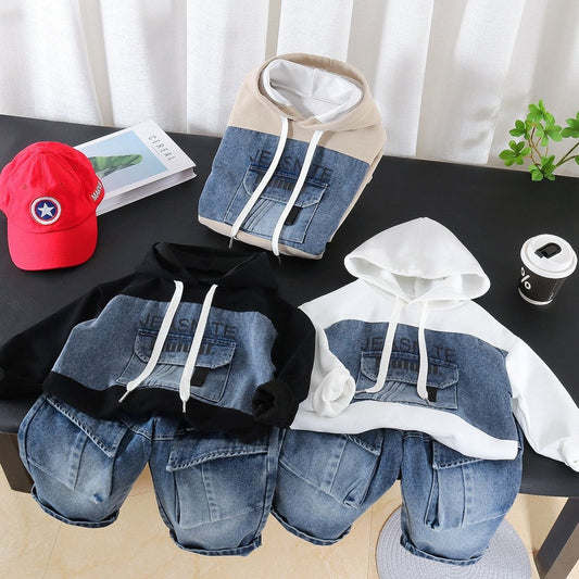 Boys' Spring and Outfit 2026 New Fashionable Children's Hooded Sweatshirt with Large Pockets Two-Piece Set Baby Autumn Casual Wear