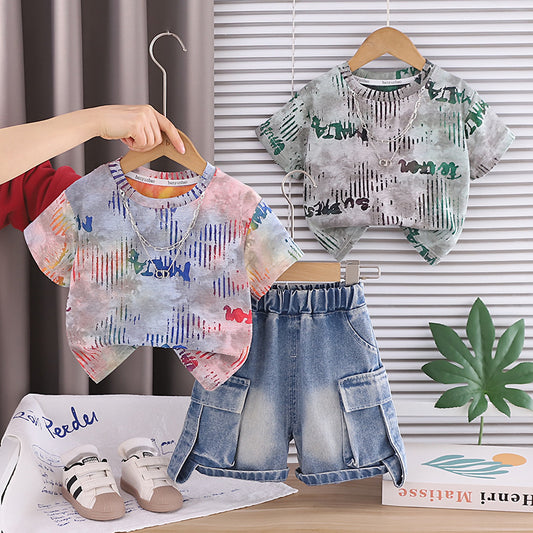 Boys' Summer Outfit Set 2026 New Fashionable Stylish Toddler Short Sleeve Shirt with Gradient Lines and Pants for Baby Boys