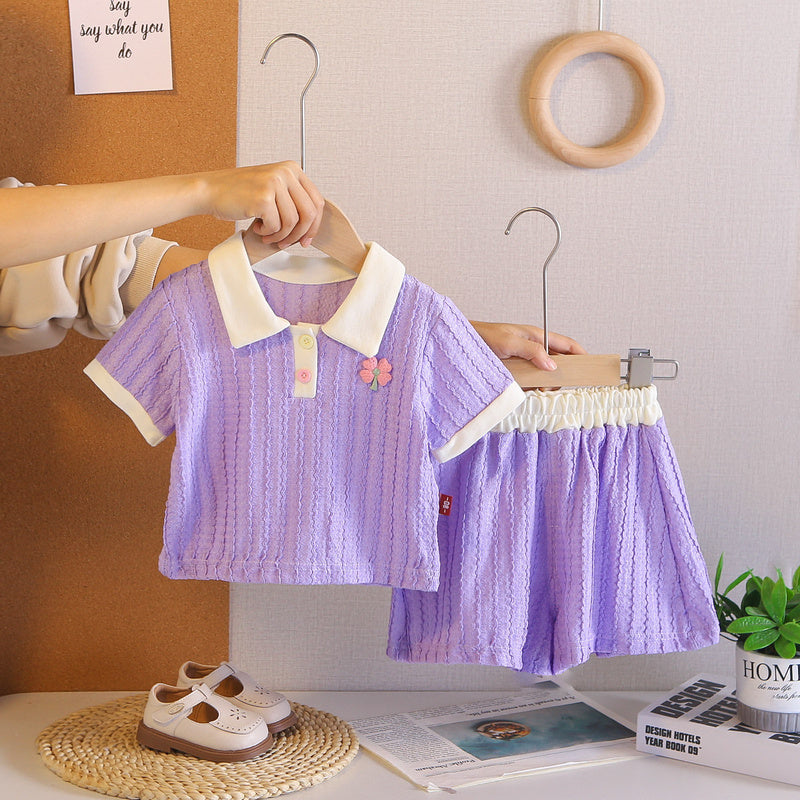 Girls' stylish solid color jacquard suit, summer wear 2026 new model, fashionable casual two-piece set for baby girls