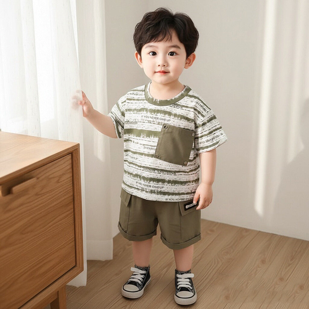 Boys' Outfit 2026 New Fashionable Summer Clothes for Boys Baby Striped Diagonal Pocket Short Sleeve Thin Children's Clothing