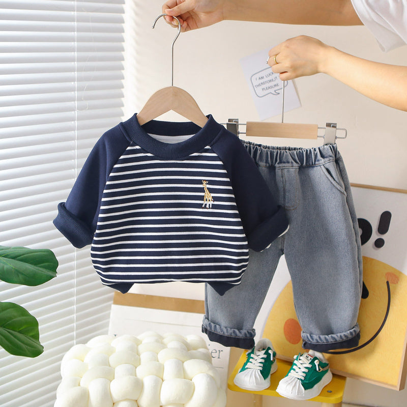 Boys' Fleece Lined Deer Sweatshirt Set 2025 New Trendy Children's Clothing Baby Autumn Winter Outfit